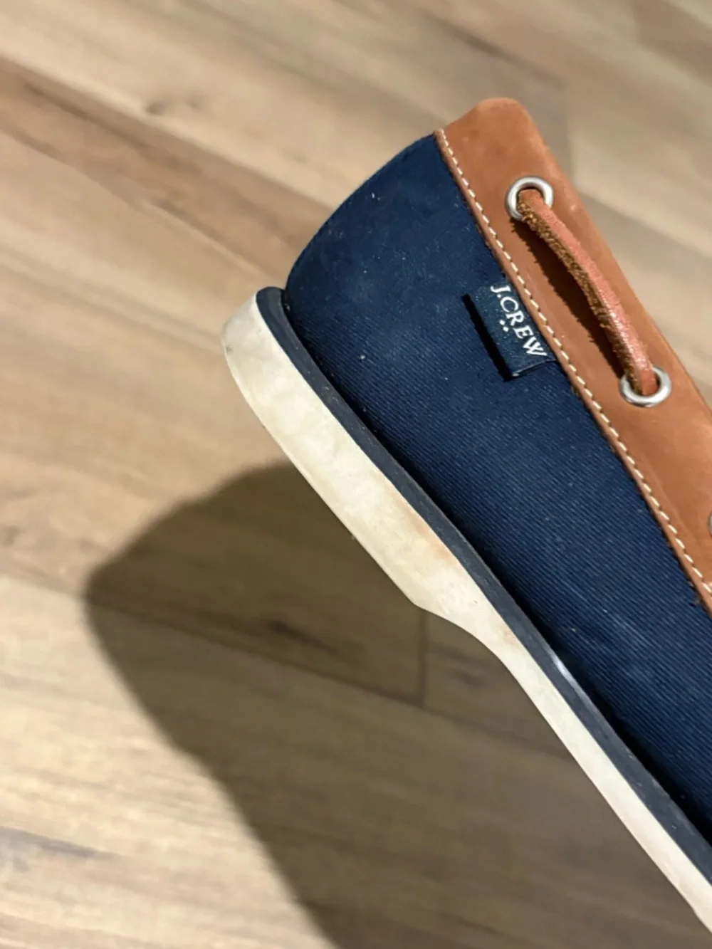 J. Crew AW681 2-Eye Canvas Slip-On Boat Loafer Shoes leather Blue Brown‎ Men's 8